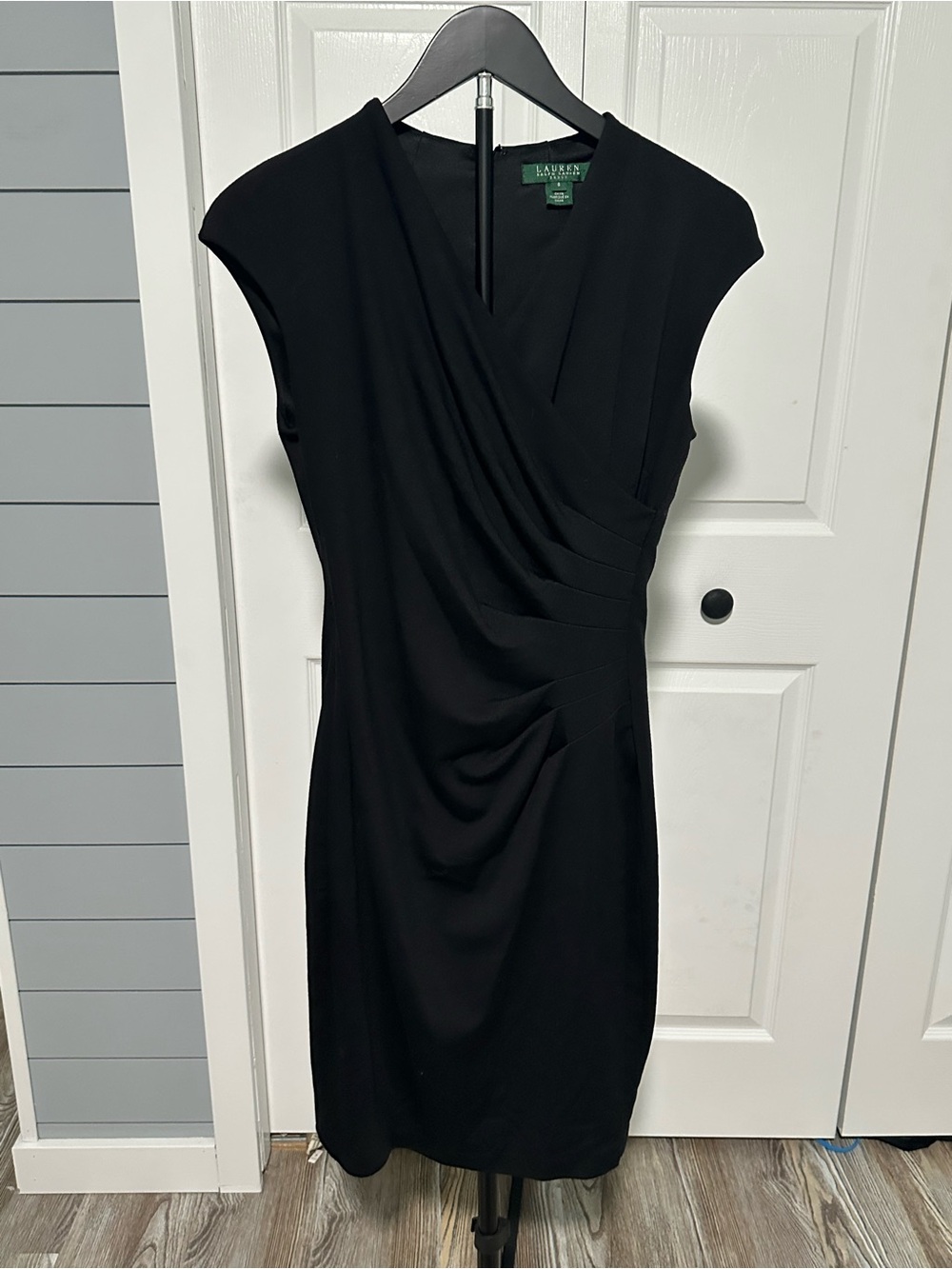 Ralph Lauren Black Cap Sleeve Draped Ruched Midi Dress